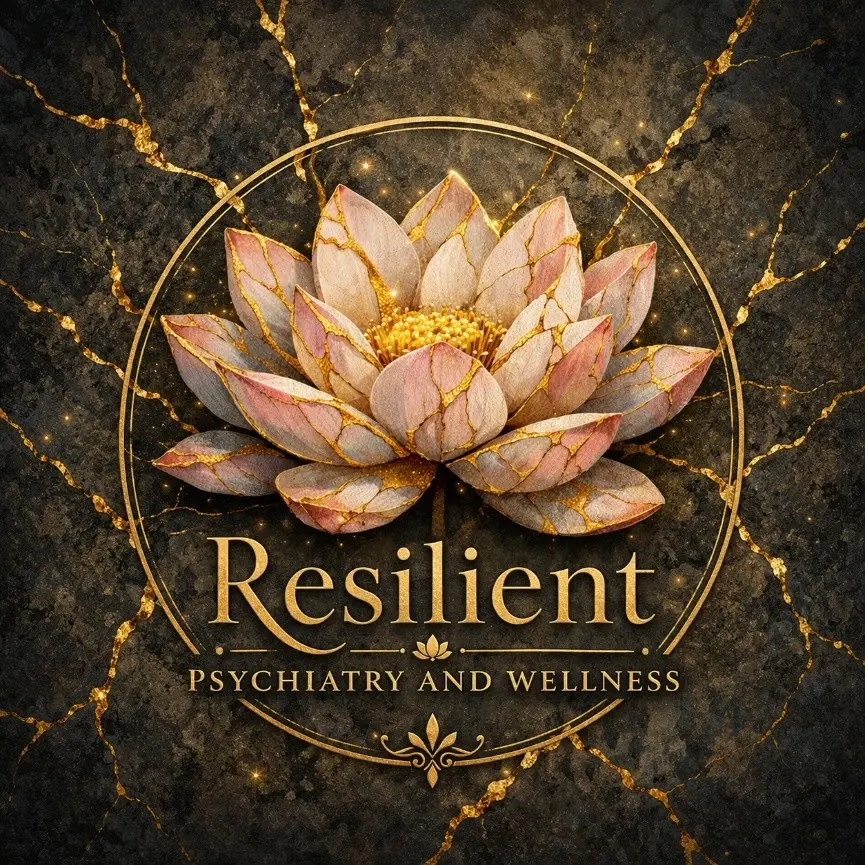 Resilient Psychiatry and Wellness logo with a kintsugi-inspired lotus flower.