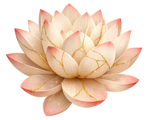 Kintsugi-inspired lotus flower symbolizing resilience, healing, transformation, and growth through adversity.