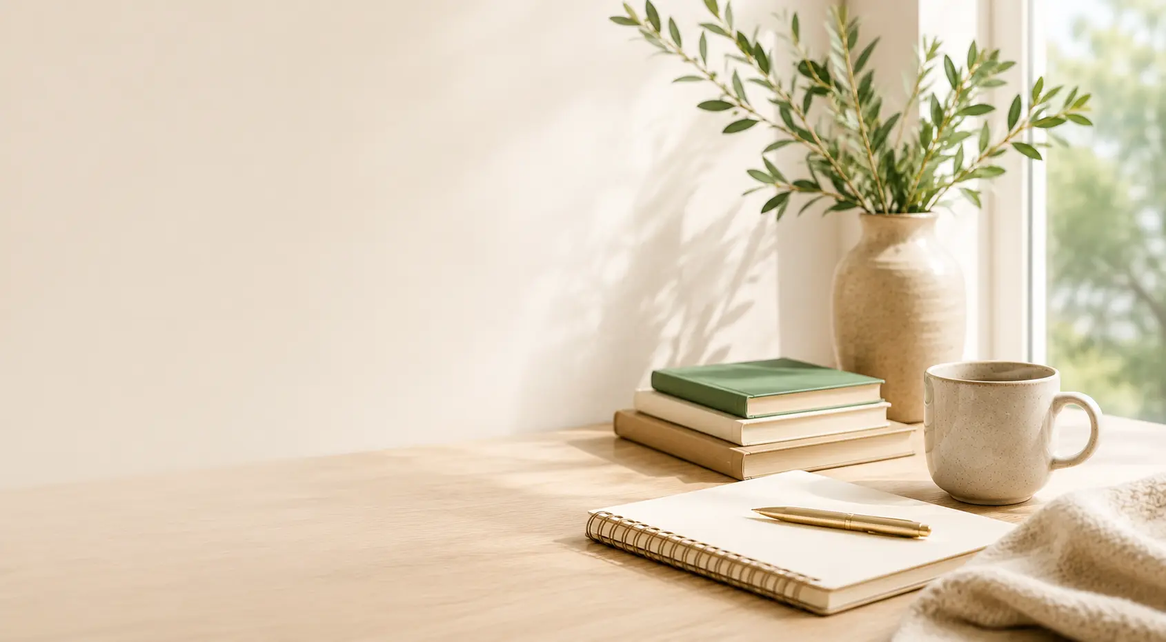 Calming workspace with books, notebook, coffee mug, and greenery representing the News & Resources center at Resilient Psychiatry and Wellness in Colorado.