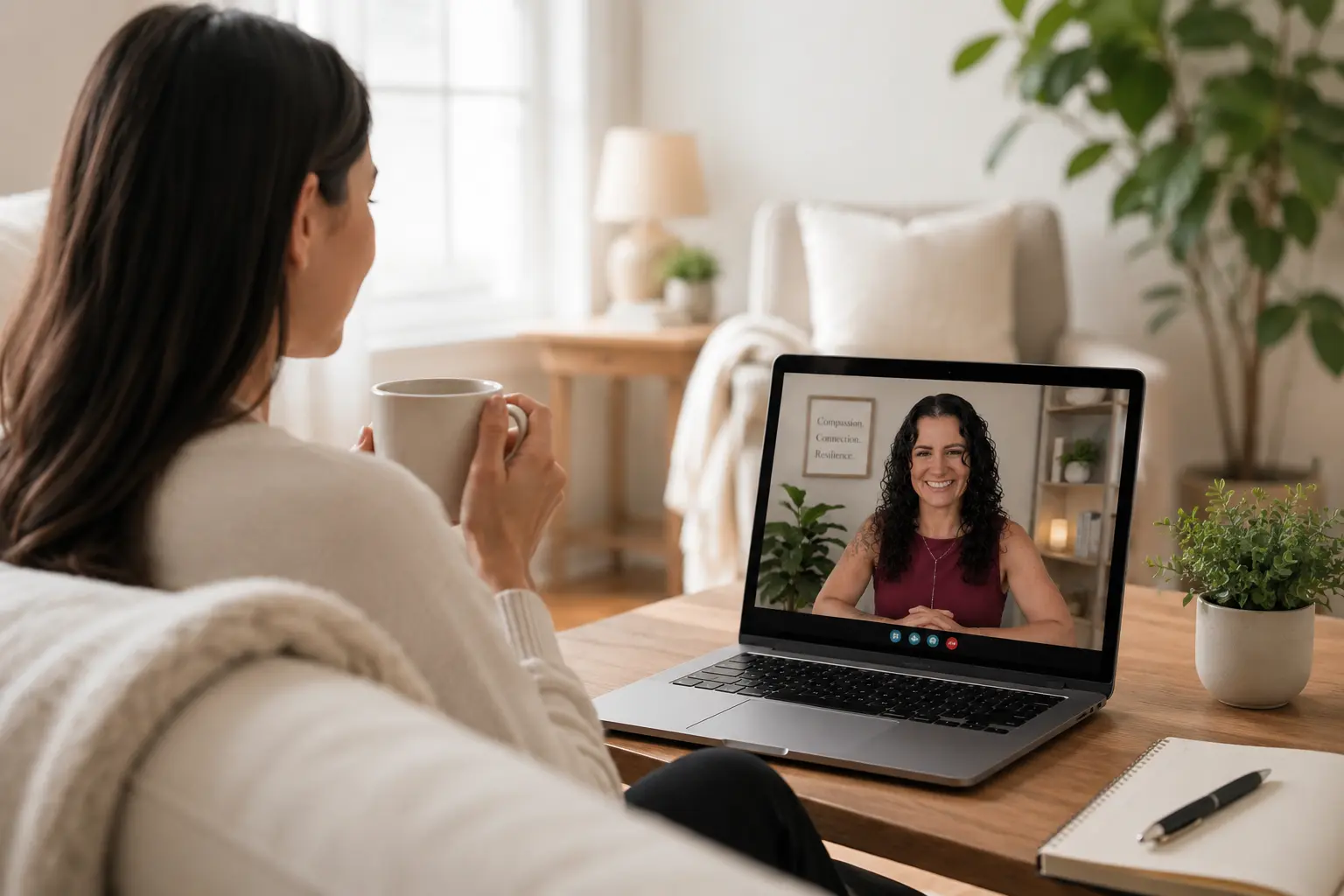 Person attending a secure telehealth psychiatry appointment from home with a mental health provider on a laptop.
