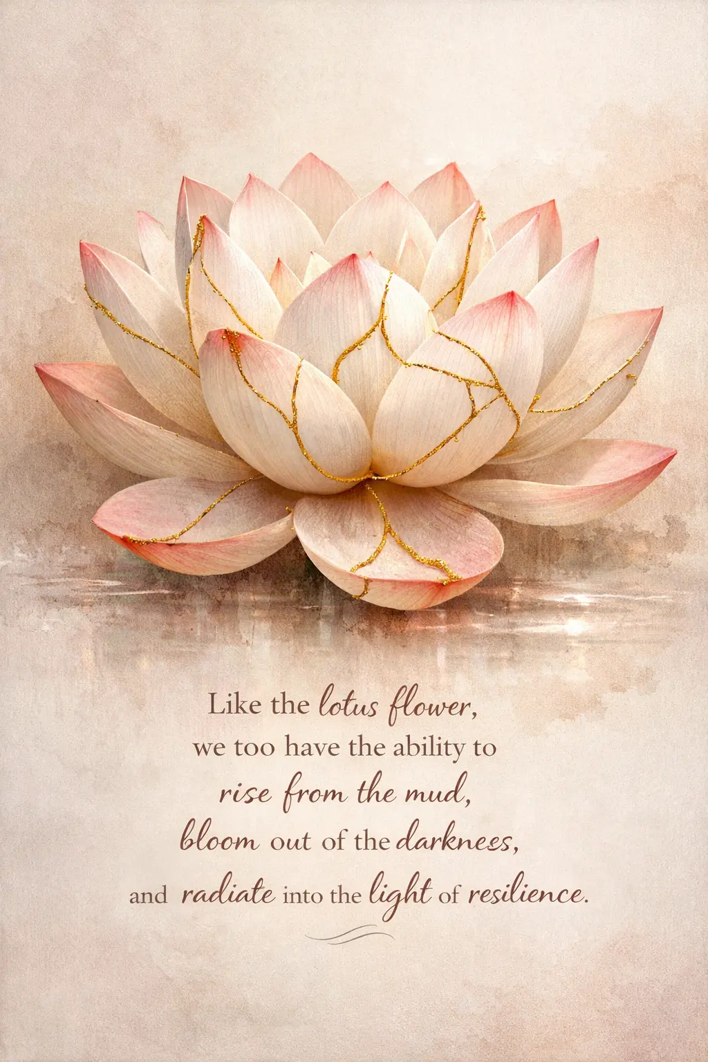 Kintsugi-inspired lotus flower with a message about rising through adversity, representing resilience, healing, and the philosophy behind Resilient Psychiatry and Wellness.