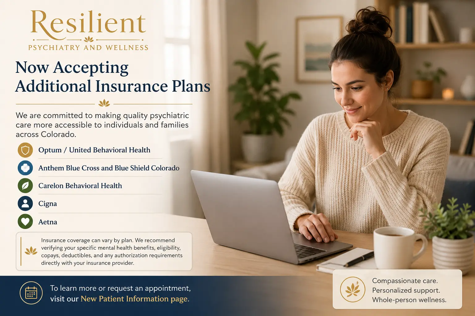 Person reviewing telehealth care information at home, representing new insurance plans accepted by Resilient Psychiatry and Wellness.