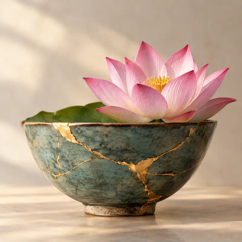 Pink lotus flower resting in a kintsugi bowl, symbolizing healing, resilience, transformation, and the practice philosophy of Resilient Psychiatry and Wellness.